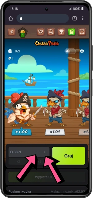 Chicken Pirate bet settings gameplay screen